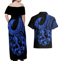 Polynesia Couples Matching Off Shoulder Maxi Dress and Hawaiian Shirt Fish Hook Tattoo Go Fishing Polynesian Pattern Blue - Wonder Print Shop