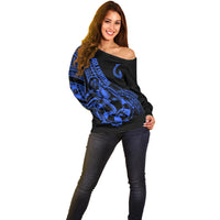 Polynesia Off Shoulder Sweater Fish Hook Tattoo Go Fishing Polynesian Pattern Blue - Wonder Print Shop
