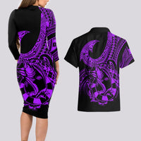 Polynesia Couples Matching Long Sleeve Bodycon Dress and Hawaiian Shirt Fish Hook Tattoo Go Fishing Polynesian Pattern Purple - Wonder Print Shop
