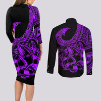 Polynesia Couples Matching Long Sleeve Bodycon Dress and Long Sleeve Button Shirts Fish Hook Tattoo Go Fishing Polynesian Pattern Purple - Wonder Print Shop
