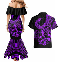 Polynesia Couples Matching Mermaid Dress and Hawaiian Shirt Fish Hook Tattoo Go Fishing Polynesian Pattern Purple - Wonder Print Shop