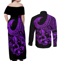 Polynesia Couples Matching Off Shoulder Maxi Dress and Long Sleeve Button Shirts Fish Hook Tattoo Go Fishing Polynesian Pattern Purple - Wonder Print Shop