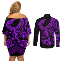 Polynesia Couples Matching Off Shoulder Short Dress and Long Sleeve Button Shirts Fish Hook Tattoo Go Fishing Polynesian Pattern Purple - Wonder Print Shop
