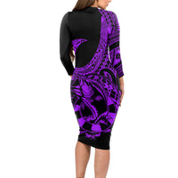 Polynesia Long Sleeve Bodycon Dress Fish Hook Tattoo Go Fishing Polynesian Pattern Purple - Wonder Print Shop