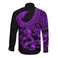 Polynesia Long Sleeve Button Shirt Fish Hook Tattoo Go Fishing Polynesian Pattern Purple - Wonder Print Shop