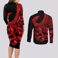 Polynesia Couples Matching Long Sleeve Bodycon Dress and Long Sleeve Button Shirts Fish Hook Tattoo Go Fishing Polynesian Pattern Red - Wonder Print Shop