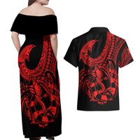 Polynesia Couples Matching Off Shoulder Maxi Dress and Hawaiian Shirt Fish Hook Tattoo Go Fishing Polynesian Pattern Red - Wonder Print Shop