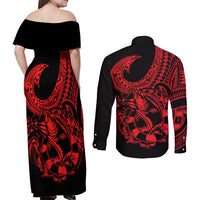 Polynesia Couples Matching Off Shoulder Maxi Dress and Long Sleeve Button Shirts Fish Hook Tattoo Go Fishing Polynesian Pattern Red - Wonder Print Shop