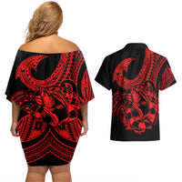 Polynesia Couples Matching Off Shoulder Short Dress and Hawaiian Shirt Fish Hook Tattoo Go Fishing Polynesian Pattern Red - Wonder Print Shop