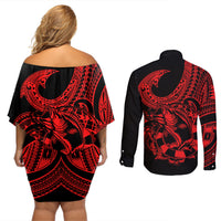 Polynesia Couples Matching Off Shoulder Short Dress and Long Sleeve Button Shirts Fish Hook Tattoo Go Fishing Polynesian Pattern Red - Wonder Print Shop