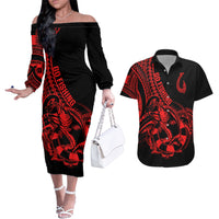 Polynesia Couples Matching Off The Shoulder Long Sleeve Dress and Hawaiian Shirt Fish Hook Tattoo Go Fishing Polynesian Pattern Red - Wonder Print Shop