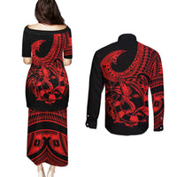 Polynesia Couples Matching Puletasi Dress and Long Sleeve Button Shirts Fish Hook Tattoo Go Fishing Polynesian Pattern Red - Wonder Print Shop