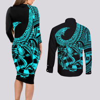 Polynesia Couples Matching Long Sleeve Bodycon Dress and Long Sleeve Button Shirts Fish Hook Tattoo Go Fishing Polynesian Pattern Turquosie - Wonder Print Shop