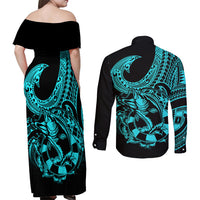 Polynesia Couples Matching Off Shoulder Maxi Dress and Long Sleeve Button Shirts Fish Hook Tattoo Go Fishing Polynesian Pattern Turquosie - Wonder Print Shop