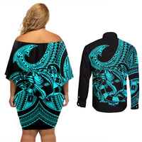 Polynesia Couples Matching Off Shoulder Short Dress and Long Sleeve Button Shirts Fish Hook Tattoo Go Fishing Polynesian Pattern Turquosie - Wonder Print Shop