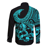 Polynesia Long Sleeve Button Shirt Fish Hook Tattoo Go Fishing Polynesian Pattern Turquosie - Wonder Print Shop