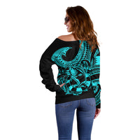Polynesia Off Shoulder Sweater Fish Hook Tattoo Go Fishing Polynesian Pattern Turquosie - Wonder Print Shop