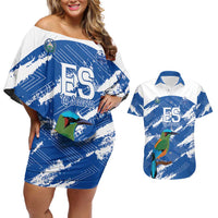 El Salvador Football Custom Couples Matching Off Shoulder Short Dress and Hawaiian Shirt La Selecta Torogoz Grunge Style - Wonder Print Shop