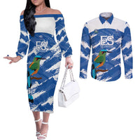 El Salvador Football Custom Couples Matching Off The Shoulder Long Sleeve Dress and Long Sleeve Button Shirt La Selecta Torogoz Grunge Style - Wonder Print Shop