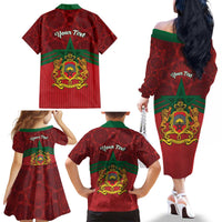 Personalized Morocco Independence Day Family Matching Off The Shoulder Long Sleeve Dress and Hawaiian Shirt 1956 Proud Islamic Pattern - Wonder Print Shop