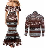 bula-fiji-couples-matching-mermaid-dress-and-long-sleeve-button-shirt-fijian-tapa-masi-with-hibiscus-flowers
