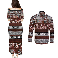 Bula Fiji Couples Matching Puletasi Dress and Long Sleeve Button Shirt Fijian Tapa Masi With Hibiscus Flowers - Wonder Print Shop