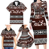 Bula Fiji Family Matching Long Sleeve Bodycon Dress and Hawaiian Shirt Fijian Tapa Masi With Hibiscus Flowers - Wonder Print Shop
