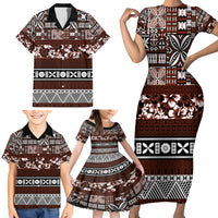Bula Fiji Family Matching Short Sleeve Bodycon Dress and Hawaiian Shirt Fijian Tapa Masi With Hibiscus Flowers - Wonder Print Shop