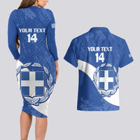 Custom Greece Football Couples Matching Long Sleeve Bodycon Dress and Hawaiian Shirt Ethniki Elladas - Blue Version - Wonder Print Shop