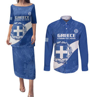 Custom Greece Football Couples Matching Puletasi and Long Sleeve Button Shirt Ethniki Elladas - Blue Version - Wonder Print Shop