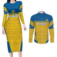 Custom Sweden Football Couples Matching Long Sleeve Bodycon Dress and Long Sleeve Button Shirt Go Blagult - Scandinavian Pattern - Wonder Print Shop