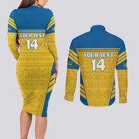 Custom Sweden Football Couples Matching Long Sleeve Bodycon Dress and Long Sleeve Button Shirt Go Blagult - Scandinavian Pattern - Wonder Print Shop