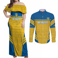 Custom Sweden Football Couples Matching Off Shoulder Maxi Dress and Long Sleeve Button Shirt Go Blagult - Scandinavian Pattern - Wonder Print Shop