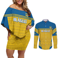 Custom Sweden Football Couples Matching Off Shoulder Short Dress and Long Sleeve Button Shirt Go Blagult - Scandinavian Pattern - Wonder Print Shop