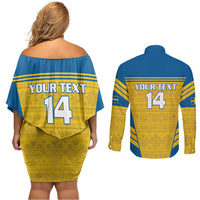 Custom Sweden Football Couples Matching Off Shoulder Short Dress and Long Sleeve Button Shirt Go Blagult - Scandinavian Pattern - Wonder Print Shop