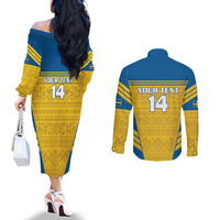 Custom Sweden Football Couples Matching Off The Shoulder Long Sleeve Dress and Long Sleeve Button Shirt Go Blagult - Scandinavian Pattern