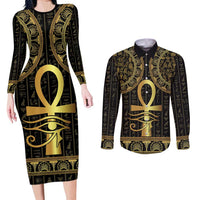 Ancient Egypt Ankh and Eye Of Horus Couples Matching Long Sleeve Bodycon Dress and Long Sleeve Button Shirt Egyptian Hieroglyphs - Wonder Print Shop
