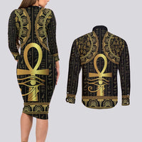 Ancient Egypt Ankh and Eye Of Horus Couples Matching Long Sleeve Bodycon Dress and Long Sleeve Button Shirt Egyptian Hieroglyphs - Wonder Print Shop