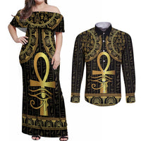 Ancient Egypt Ankh and Eye Of Horus Couples Matching Off Shoulder Maxi Dress and Long Sleeve Button Shirt Egyptian Hieroglyphs - Wonder Print Shop