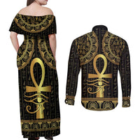 Ancient Egypt Ankh and Eye Of Horus Couples Matching Off Shoulder Maxi Dress and Long Sleeve Button Shirt Egyptian Hieroglyphs - Wonder Print Shop