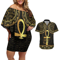 Ancient Egypt Ankh and Eye Of Horus Couples Matching Off Shoulder Short Dress and Hawaiian Shirt Egyptian Hieroglyphs - Wonder Print Shop