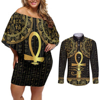 Ancient Egypt Ankh and Eye Of Horus Couples Matching Off Shoulder Short Dress and Long Sleeve Button Shirt Egyptian Hieroglyphs - Wonder Print Shop