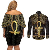Ancient Egypt Ankh and Eye Of Horus Couples Matching Off Shoulder Short Dress and Long Sleeve Button Shirt Egyptian Hieroglyphs - Wonder Print Shop