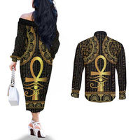 Ancient Egypt Ankh and Eye Of Horus Couples Matching Off The Shoulder Long Sleeve Dress and Long Sleeve Button Shirt Egyptian Hieroglyphs