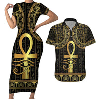 Ancient Egypt Ankh and Eye Of Horus Couples Matching Short Sleeve Bodycon Dress and Hawaiian Shirt Egyptian Hieroglyphs - Wonder Print Shop