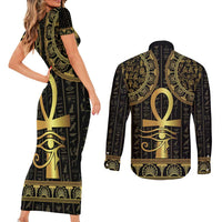 Ancient Egypt Ankh and Eye Of Horus Couples Matching Short Sleeve Bodycon Dress and Long Sleeve Button Shirt Egyptian Hieroglyphs - Wonder Print Shop