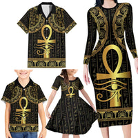 Ancient Egypt Ankh and Eye Of Horus Family Matching Long Sleeve Bodycon Dress and Hawaiian Shirt Egyptian Hieroglyphs - Wonder Print Shop