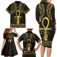 Ancient Egypt Ankh and Eye Of Horus Family Matching Long Sleeve Bodycon Dress and Hawaiian Shirt Egyptian Hieroglyphs - Wonder Print Shop