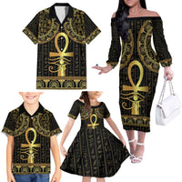 Ancient Egypt Ankh and Eye Of Horus Family Matching Off The Shoulder Long Sleeve Dress and Hawaiian Shirt Egyptian Hieroglyphs - Wonder Print Shop