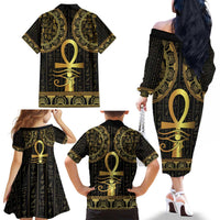 Ancient Egypt Ankh and Eye Of Horus Family Matching Off The Shoulder Long Sleeve Dress and Hawaiian Shirt Egyptian Hieroglyphs - Wonder Print Shop